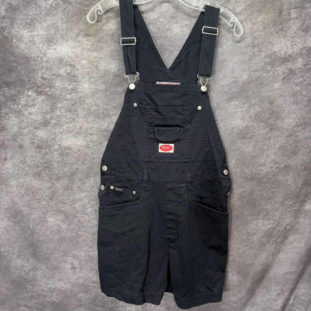 Vintage 90s Y2K Revolt Clothing Black Denim Shortalls Overalls Size L Grunge